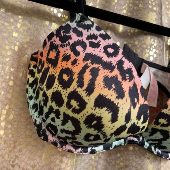 PINK Victorias Secret Colorful Leopard Heartbreaker Plunge Push Up Bra, 32D - Picture 4 of 6